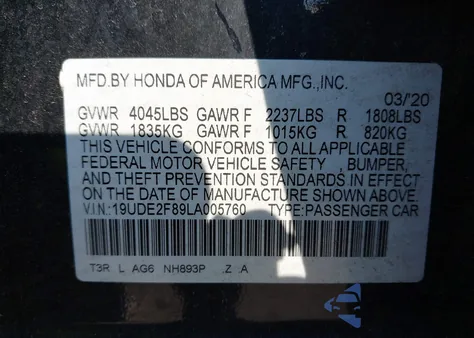 2020 Acura Ilx Premium A-Spec Packages/Technology A-Spec Packages from USA, damaged, VIN 19UDE2F89LA005760